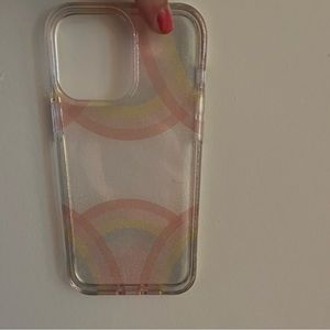 Clear, glitter rainbow cellphone case for iPhone 13 Pro Max.